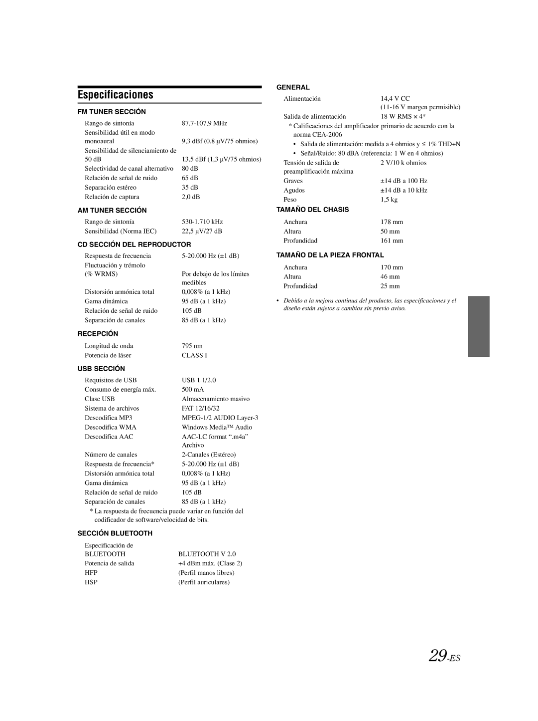 Alpine CDE103BT owner manual Especificaciones, 29-ES 