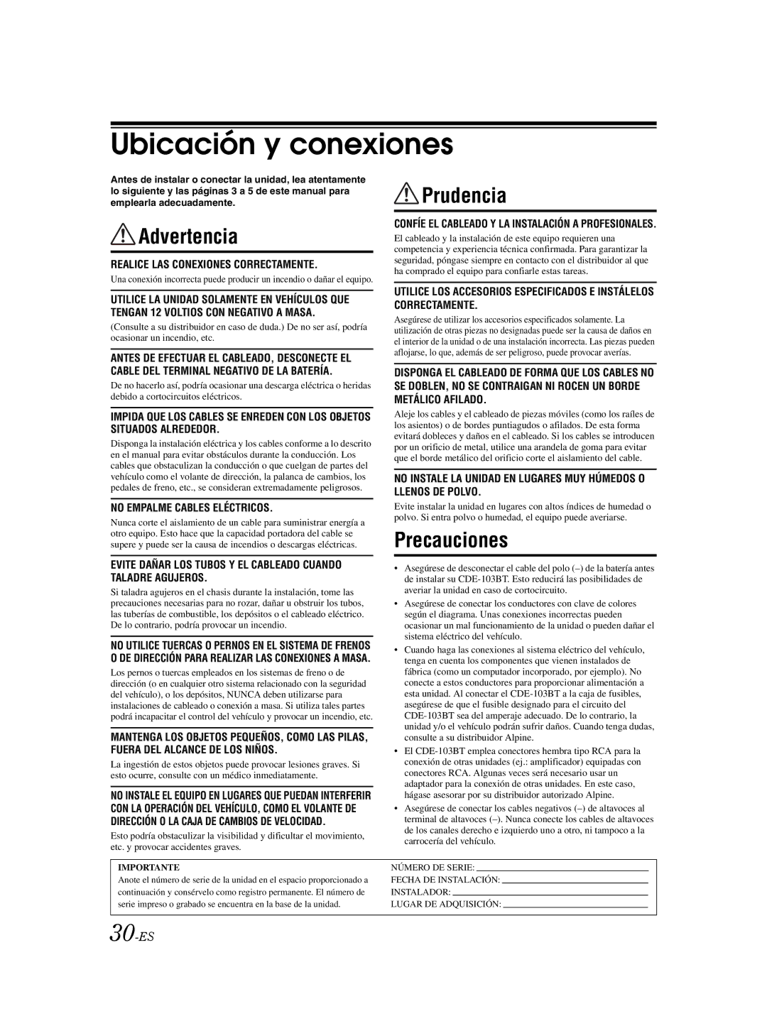 Alpine CDE103BT owner manual Ubicación y conexiones, 30-ES 