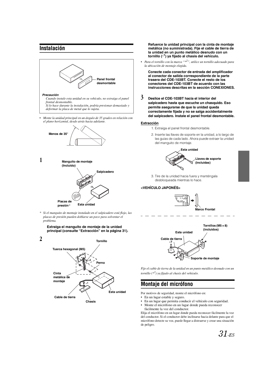 Alpine CDE103BT owner manual Instalación, Montaje del micrófono, 31-ES, Extracción, Precaución 