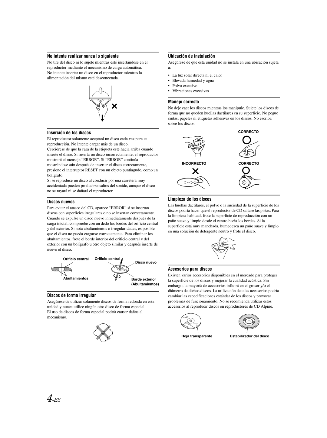 Alpine CDE103BT owner manual No intente realizar nunca lo siguiente 