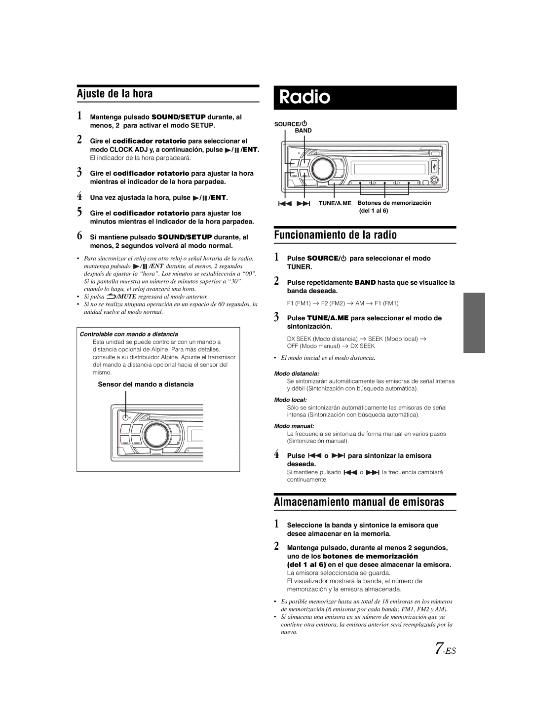 Alpine CDE103BT owner manual Radio, Ajuste de la hora, Funcionamiento de la radio, Almacenamiento manual de emisoras 