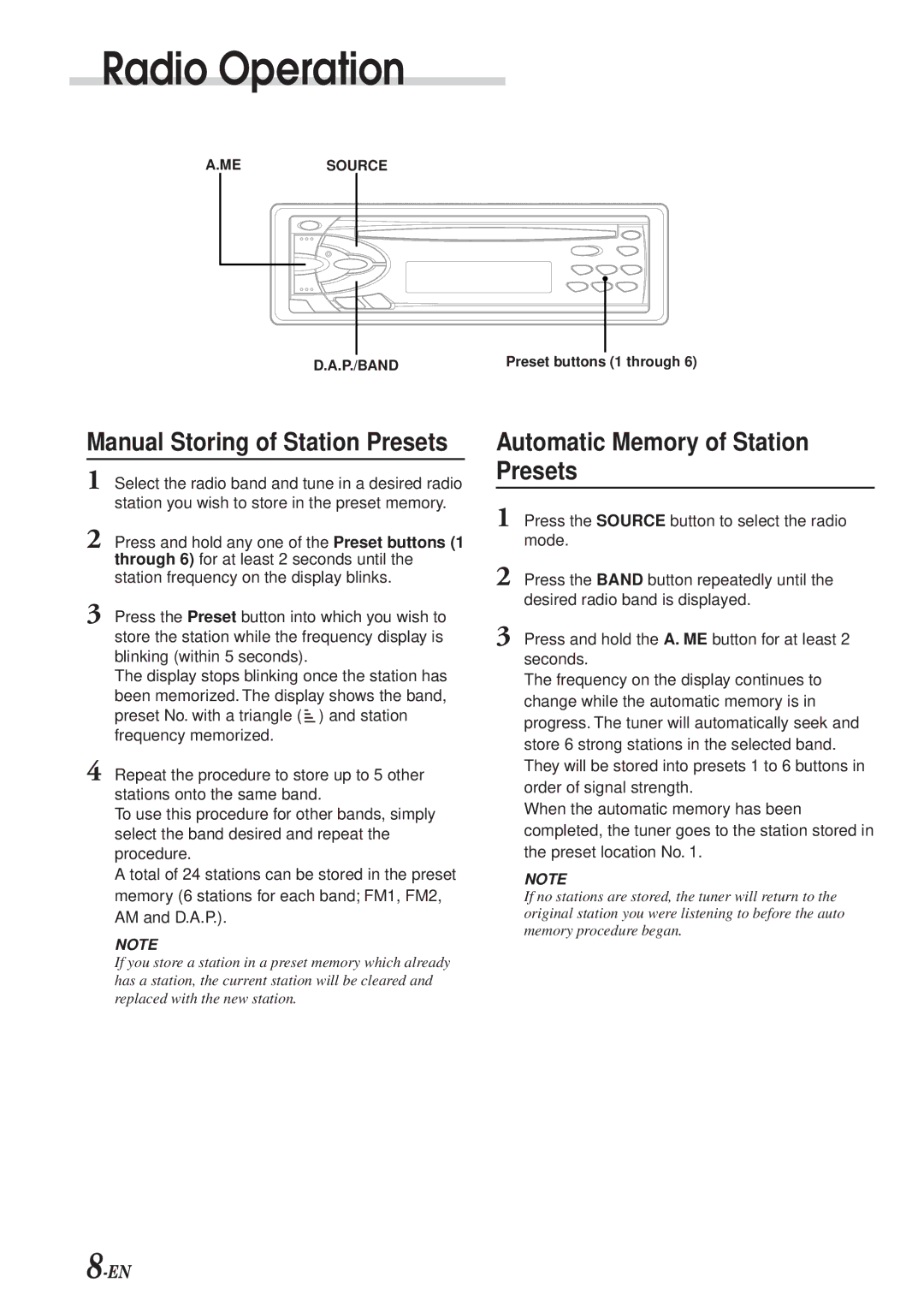 Alpine CDM-7854, cdm-7857, CDE-7853 owner manual Automatic Memory of Station Presets, Manual Storing of Station Presets 