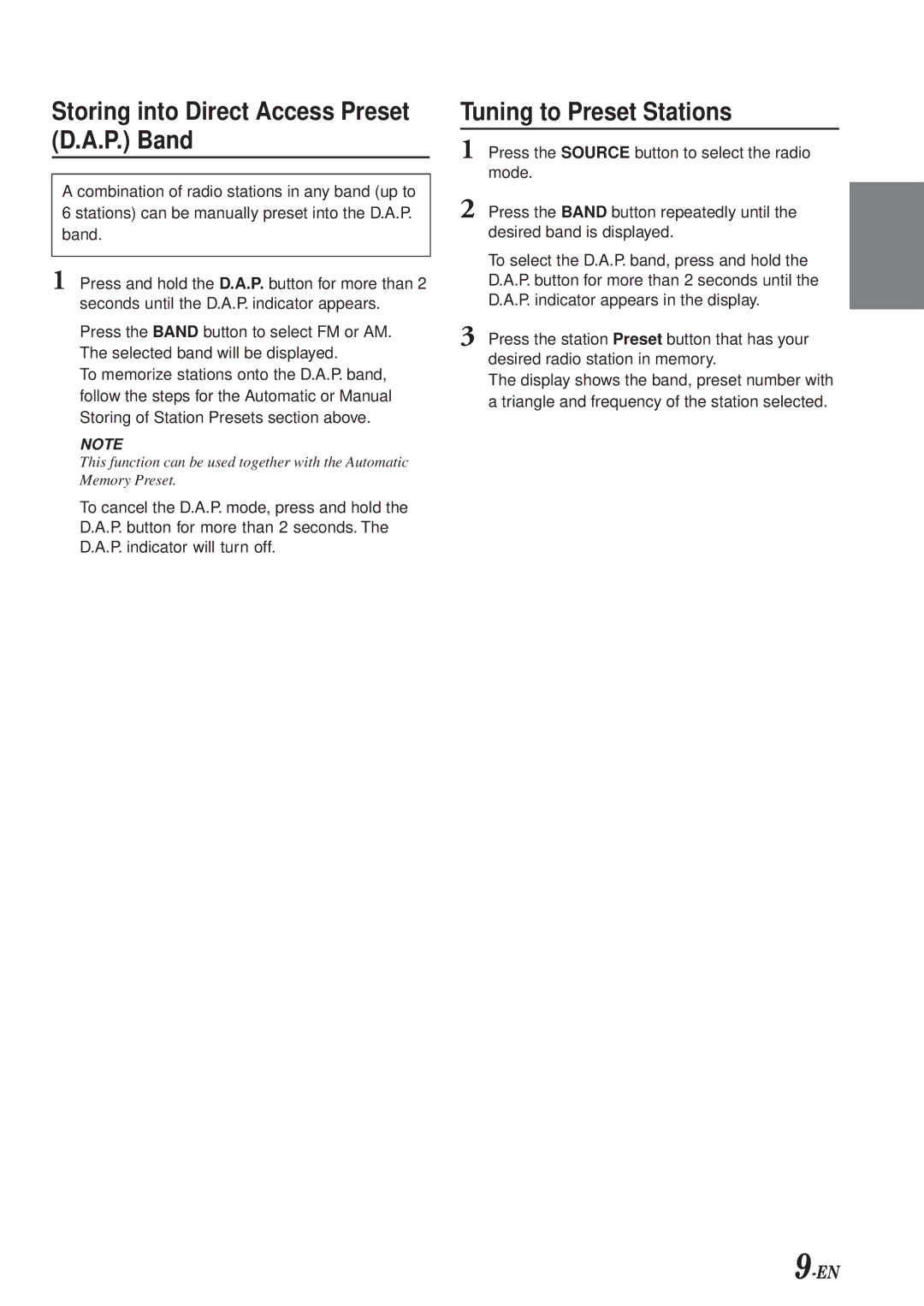 Alpine CDE-7853, cdm-7857, CDM-7854 owner manual Storing into Direct Access Preset D.A.P. Band, Tuning to Preset Stations 