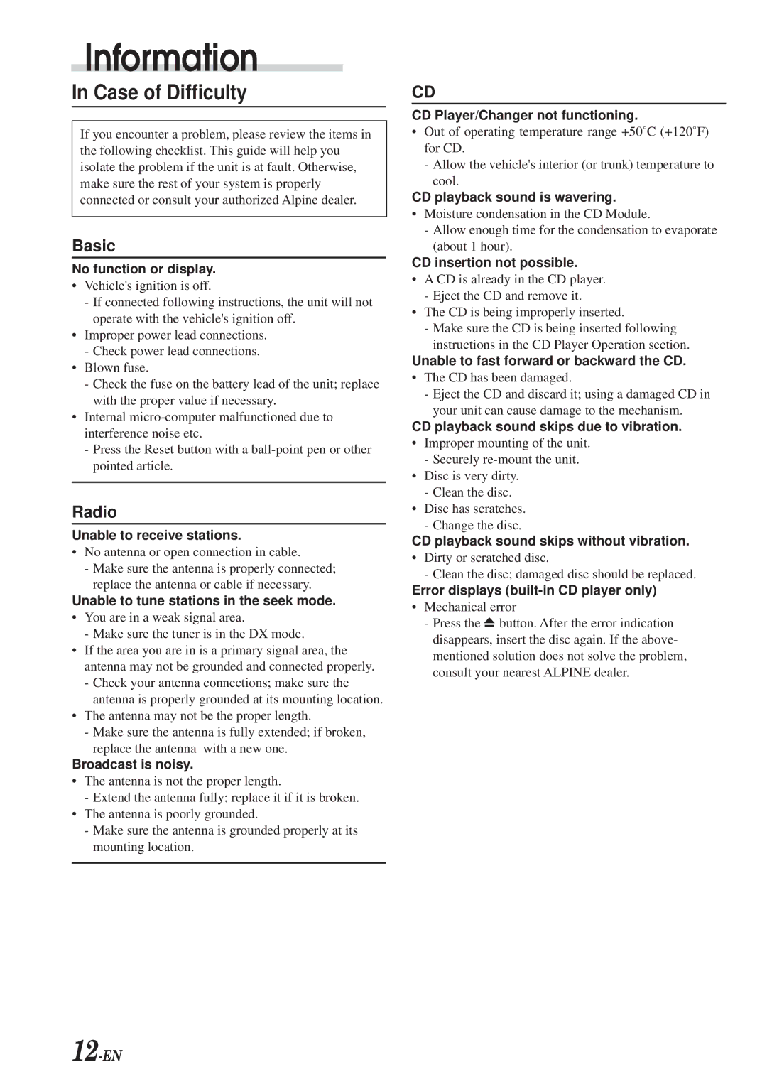 Alpine CDE-7853, cdm-7857, CDM-7854 owner manual Information, Case of Difficulty 