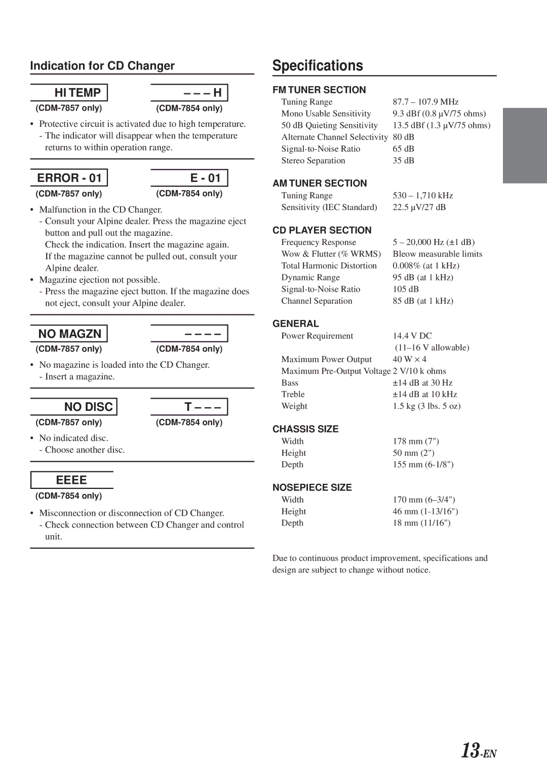 Alpine cdm-7857, CDM-7854, CDE-7853 owner manual Specifications, HI Temp 