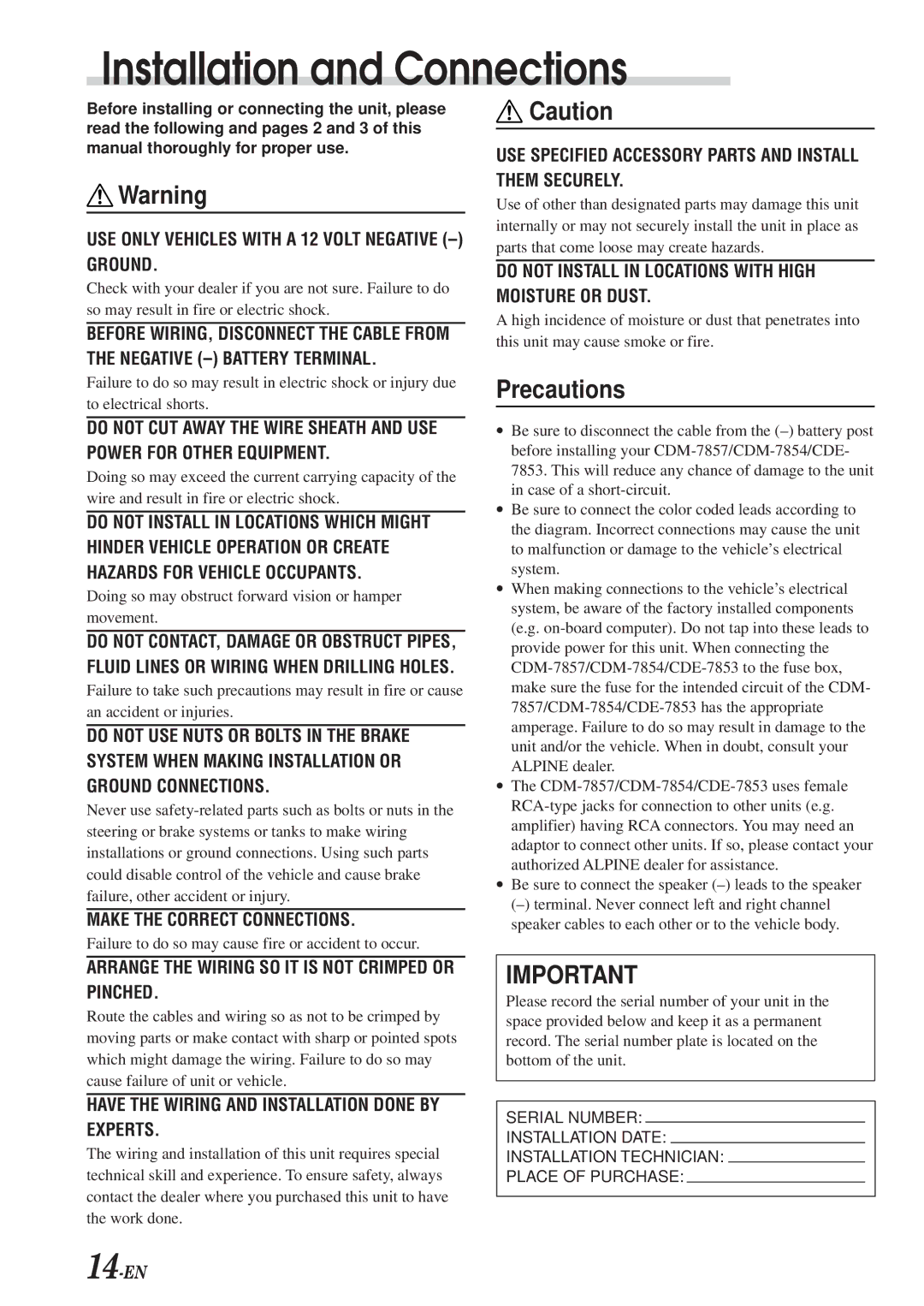 Alpine CDM-7854, cdm-7857, CDE-7853 owner manual Installation and Connections, Precautions 