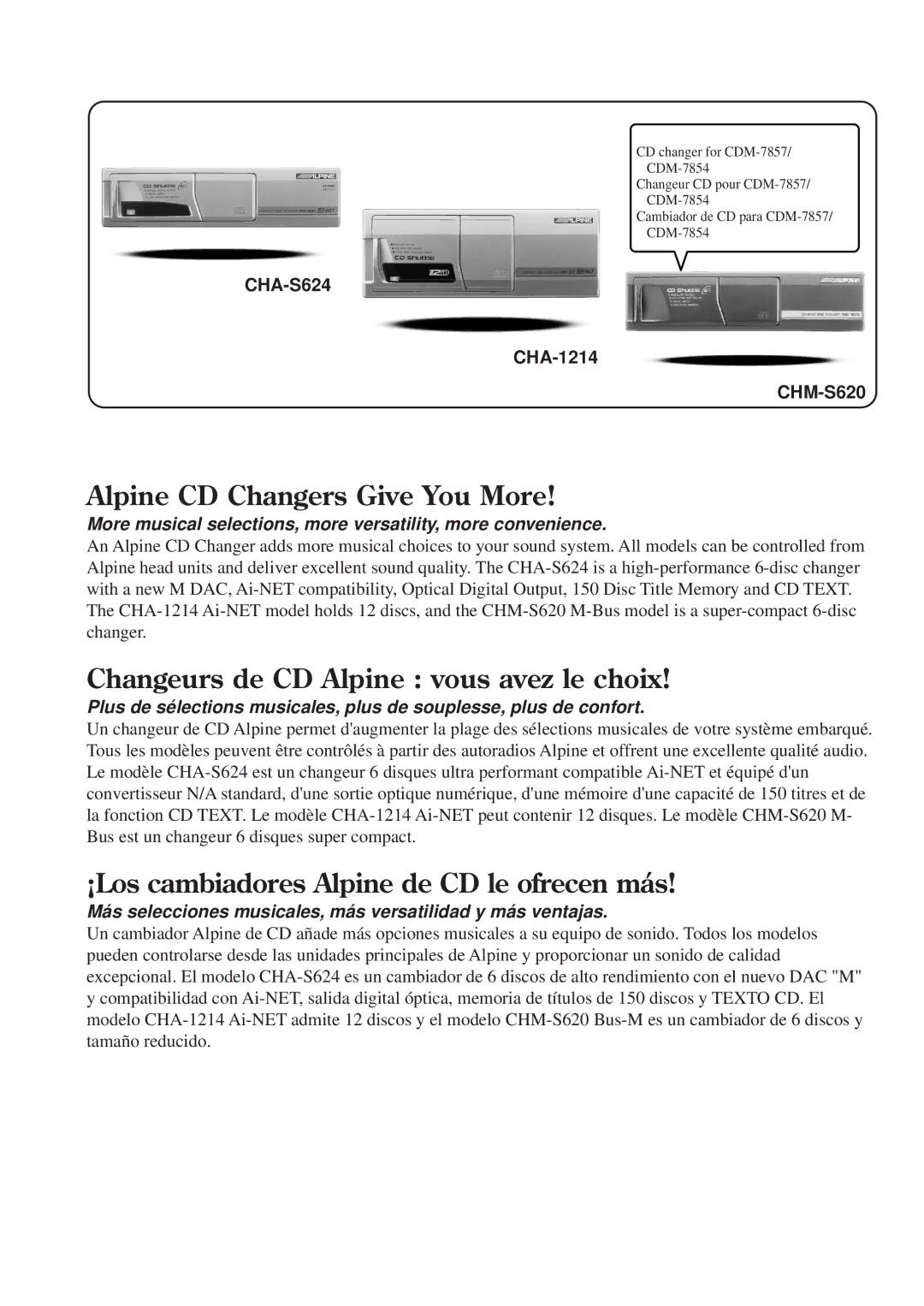 Alpine CDE-7853, cdm-7857, CDM-7854 owner manual Alpine CD Changers Give You More 