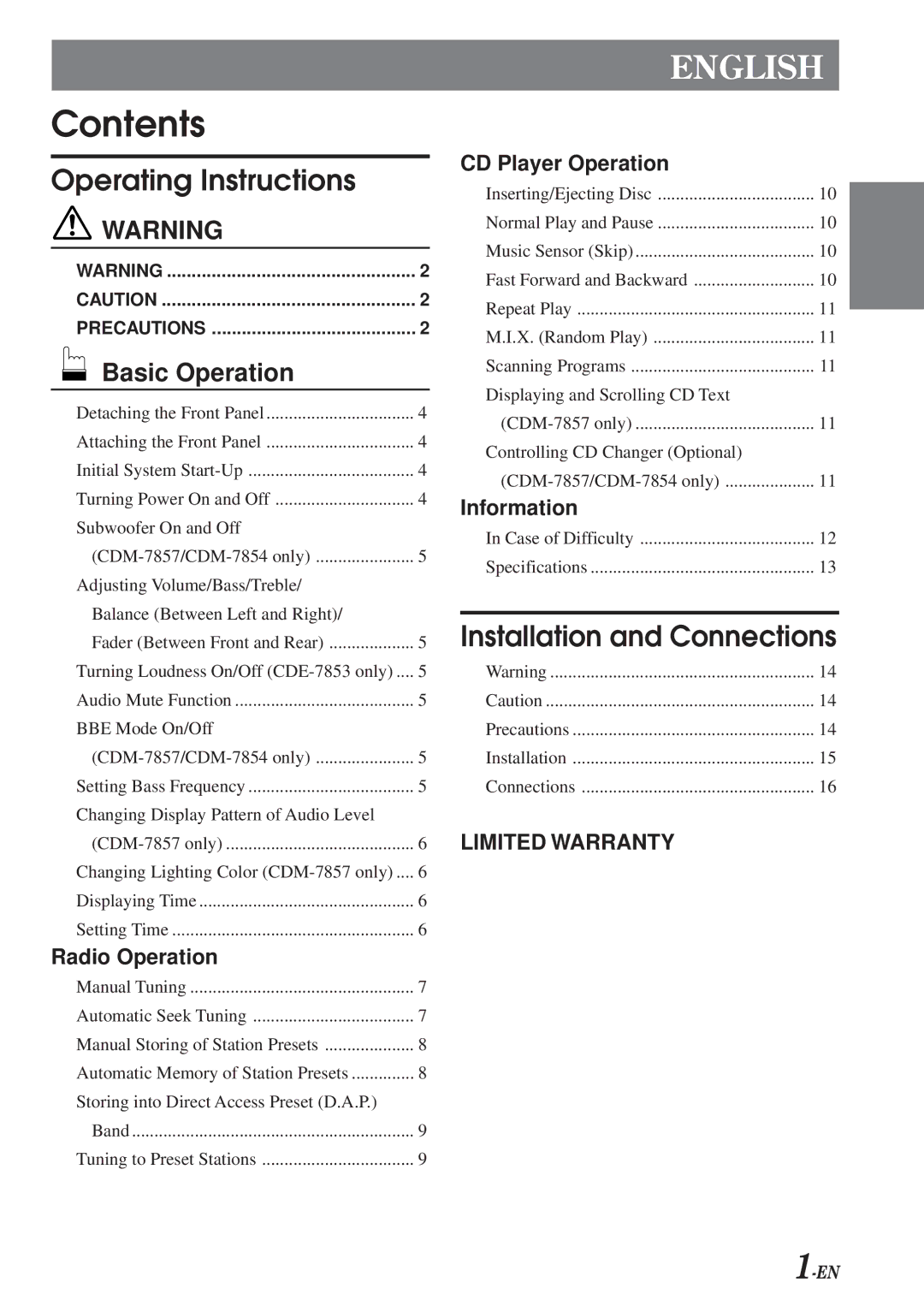 Alpine cdm-7857, CDM-7854, CDE-7853 owner manual Contents 