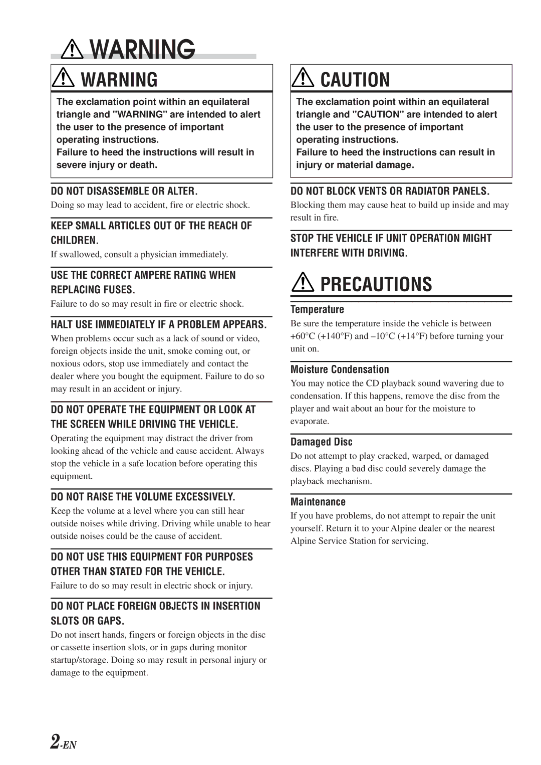 Alpine CDM-7854, cdm-7857, CDE-7853 owner manual Precautions 