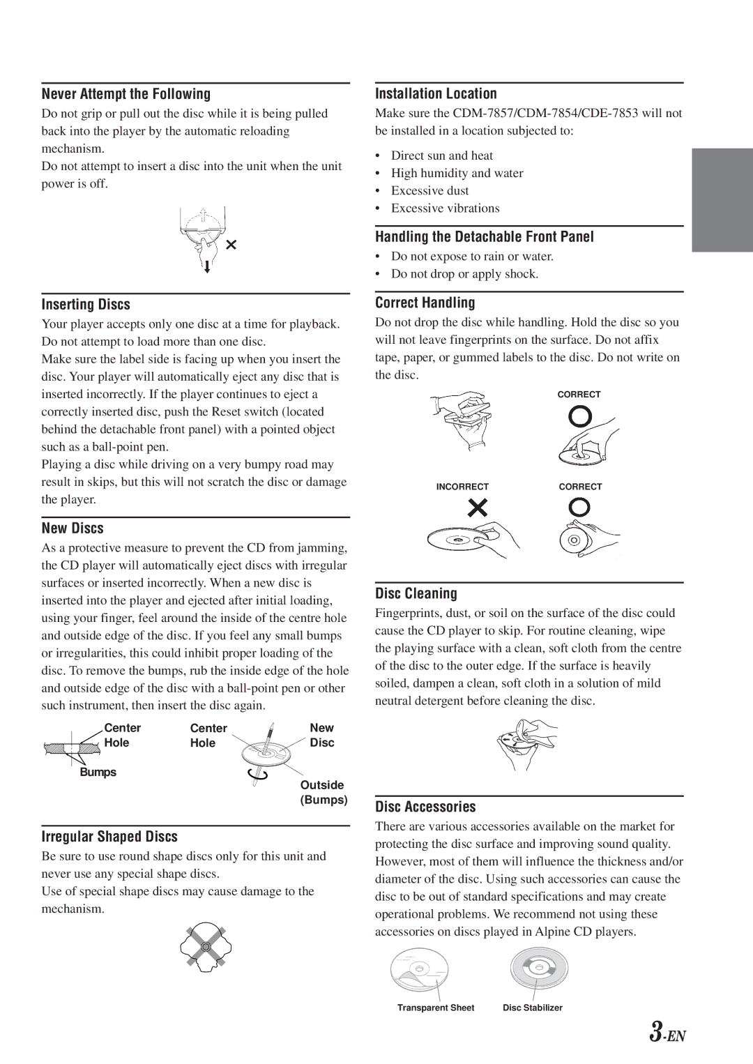 Alpine CDE-7853, cdm-7857, CDM-7854 owner manual Handling the Detachable Front Panel 