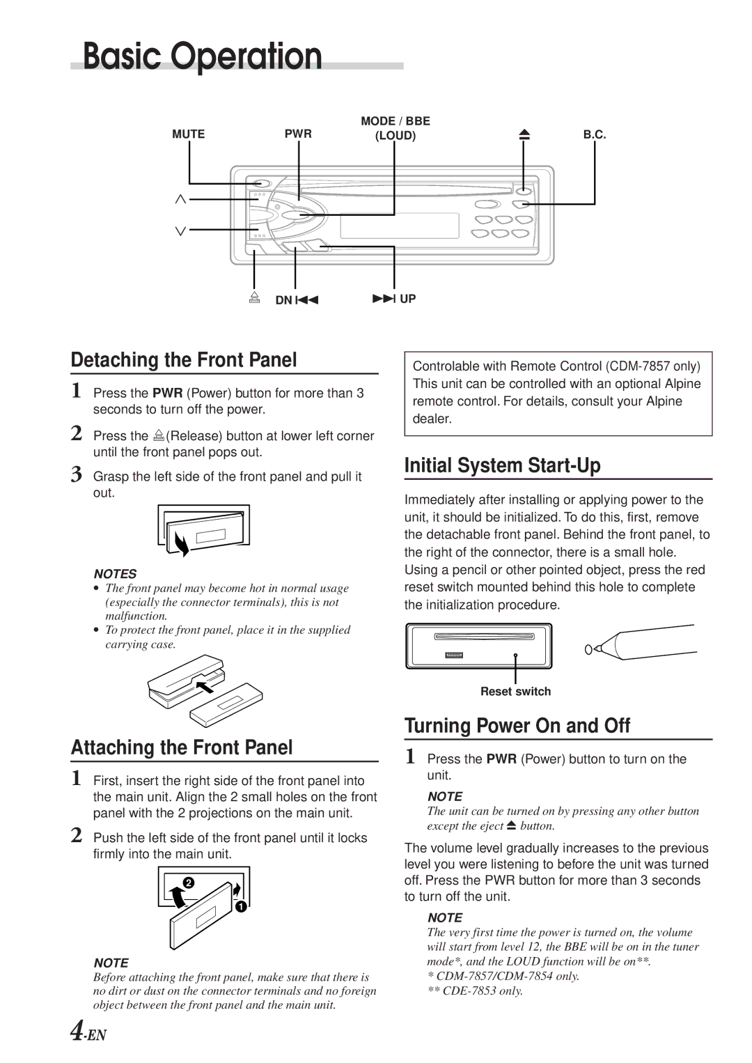 Alpine cdm-7857, CDM-7854 Basic Operation, Detaching the Front Panel, Attaching the Front Panel, Initial System Start-Up 