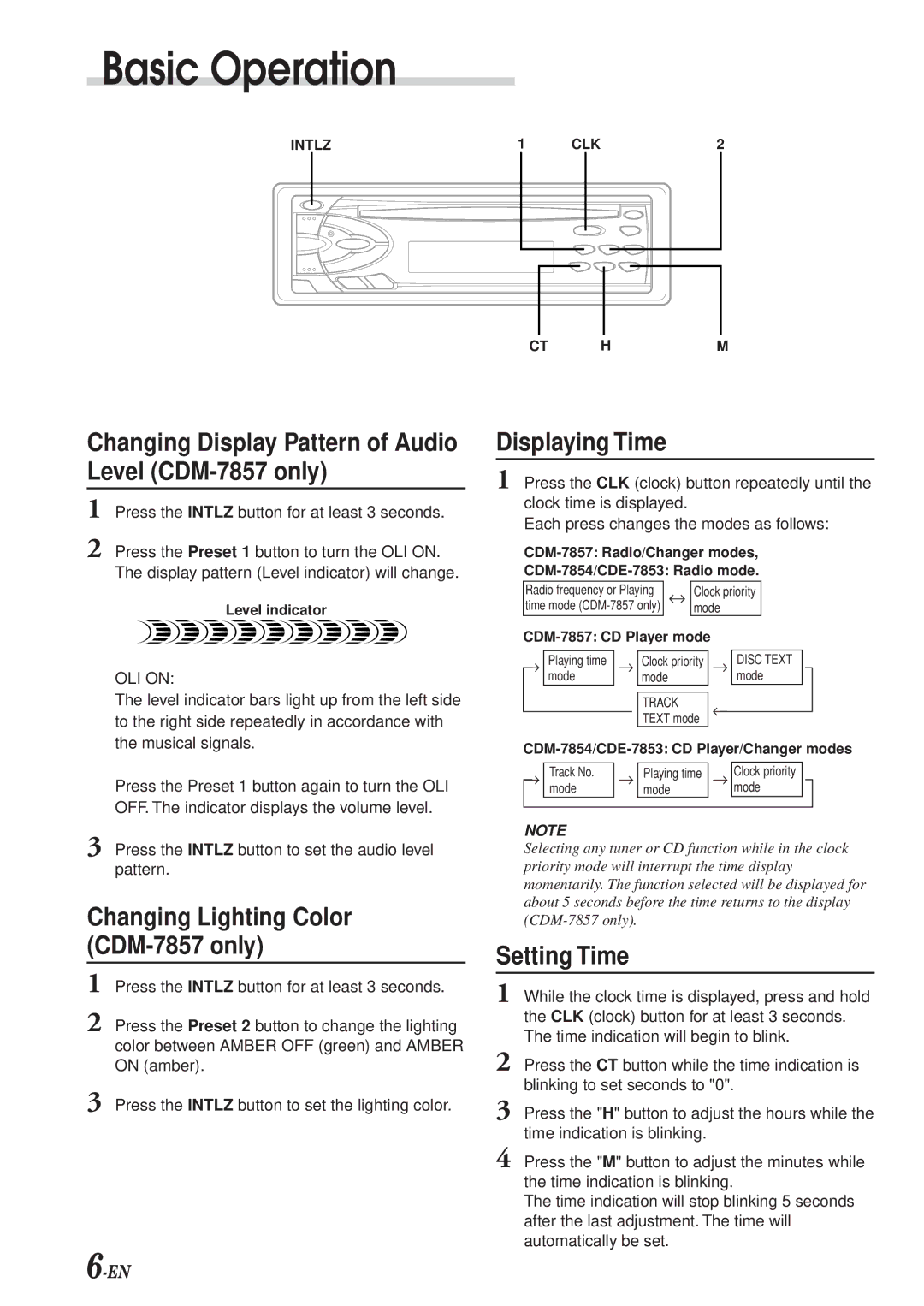 Alpine CDE-7853, cdm-7857, CDM-7854 Changing Display Pattern of Audio Level CDM-7857 only, Displaying Time, Setting Time 