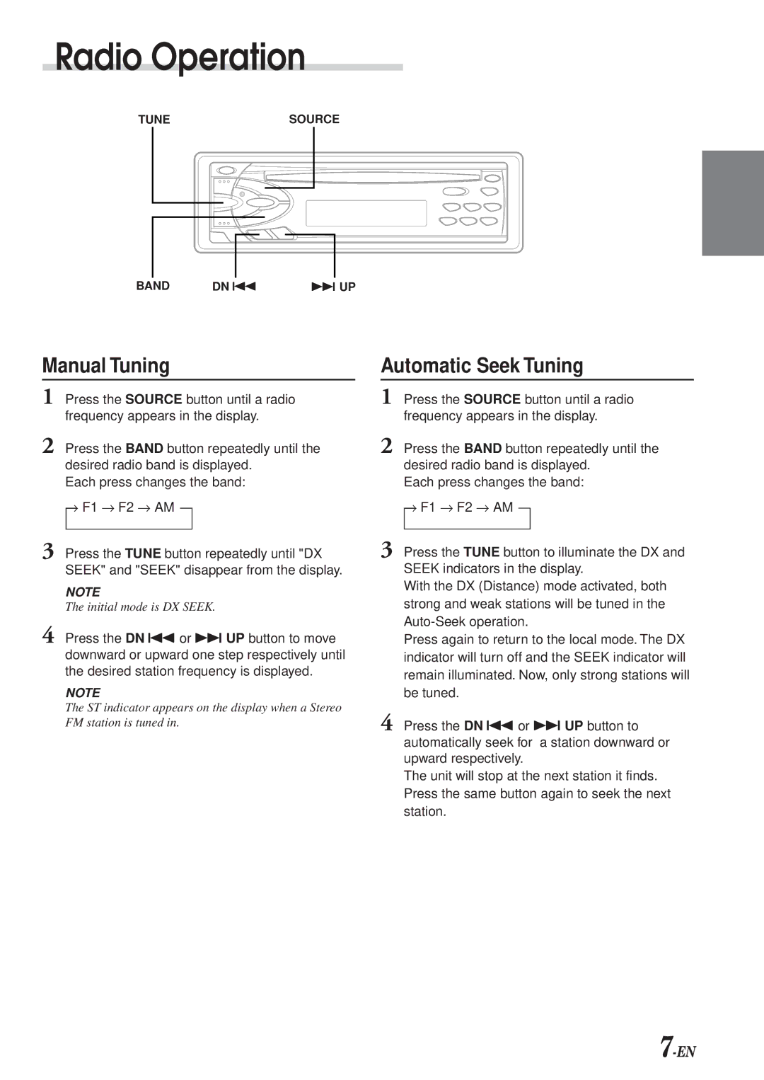 Alpine cdm-7857, CDM-7854, CDE-7853 owner manual Radio Operation, Manual Tuning, Automatic Seek Tuning 