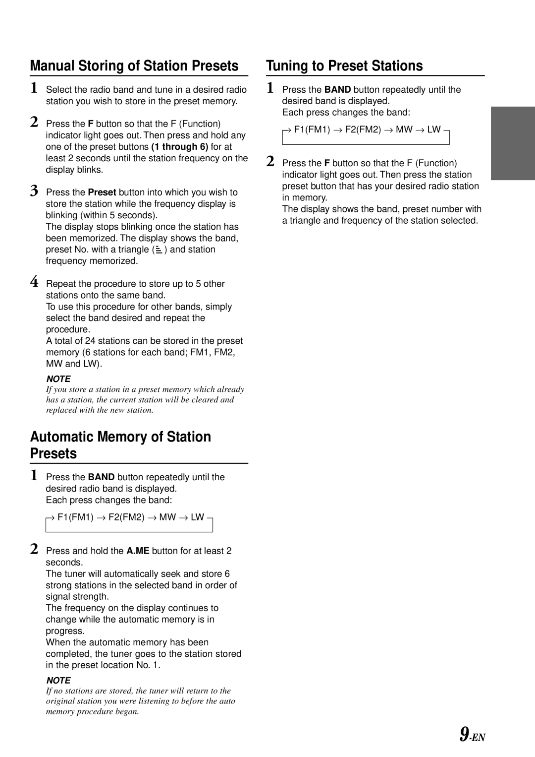 Alpine CDM-7856R, CDM-7859R, CDM-7858R owner manual Automatic Memory of Station Presets, Tuning to Preset Stations 