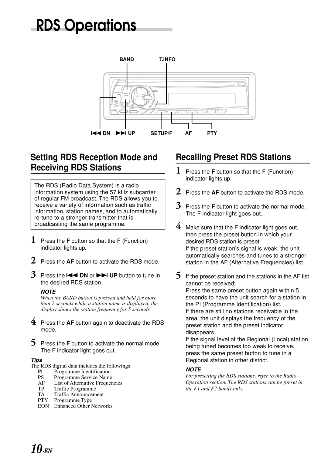 Alpine CDM-7859R RDS Operations, Setting RDS Reception Mode and Receiving RDS Stations, Recalling Preset RDS Stations 