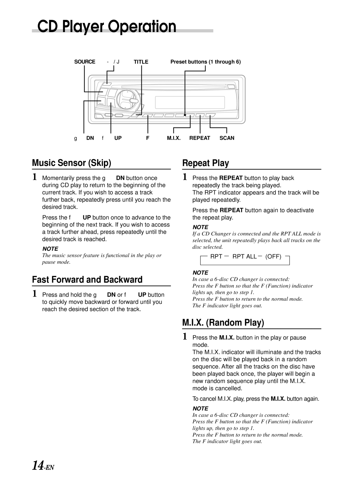 Alpine CDM-7858R, CDM-7859R Music Sensor Skip Repeat Play, Fast Forward and Backward, X. Random Play, Rpt Rpt All Off 