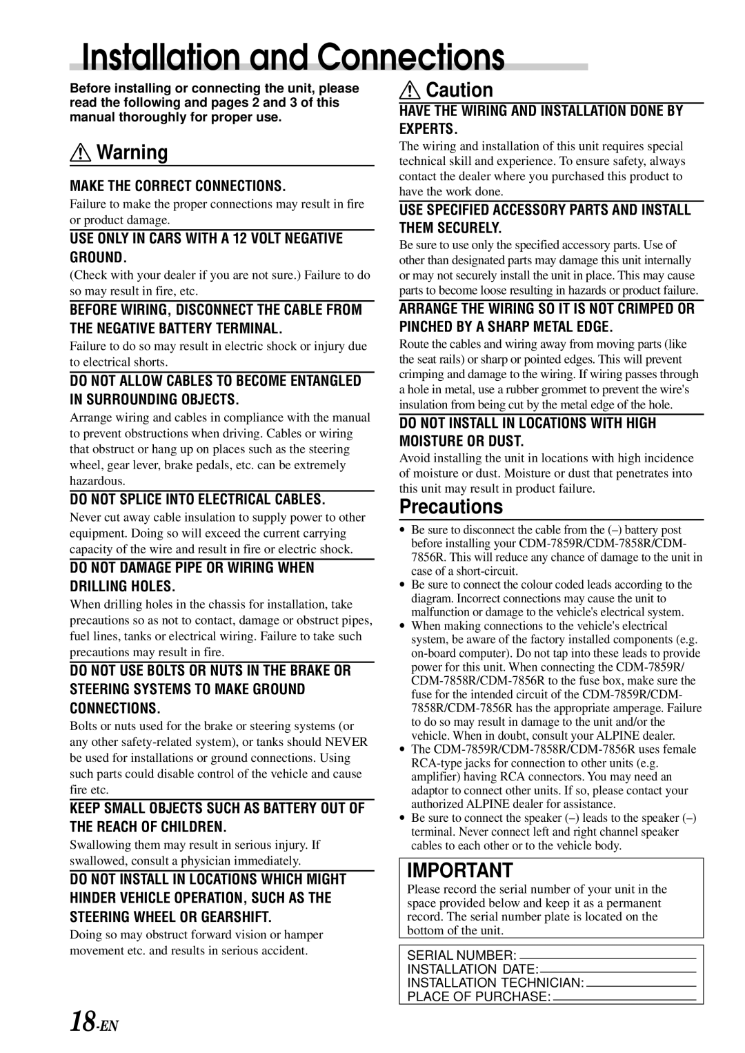 Alpine CDM-7856R, CDM-7859R, CDM-7858R owner manual Installation and Connections, Precautions 