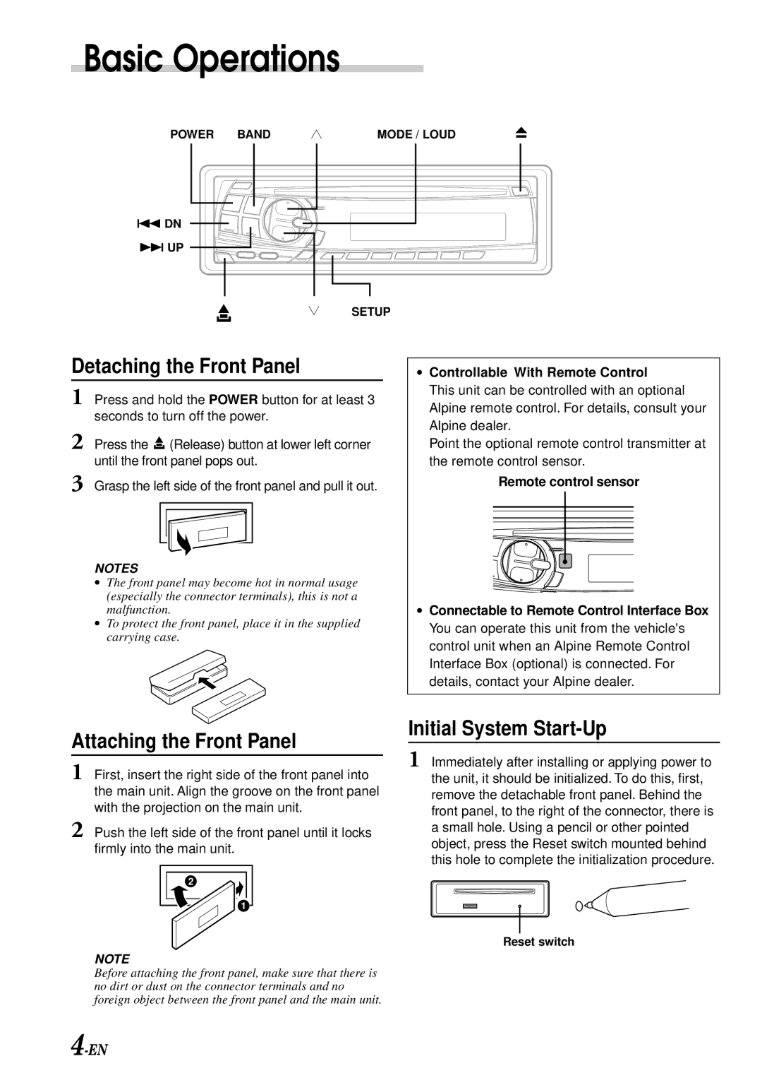 Alpine CDM-7859R Basic Operations, Detaching the Front Panel, Attaching the Front Panel, Initial System Start-Up 