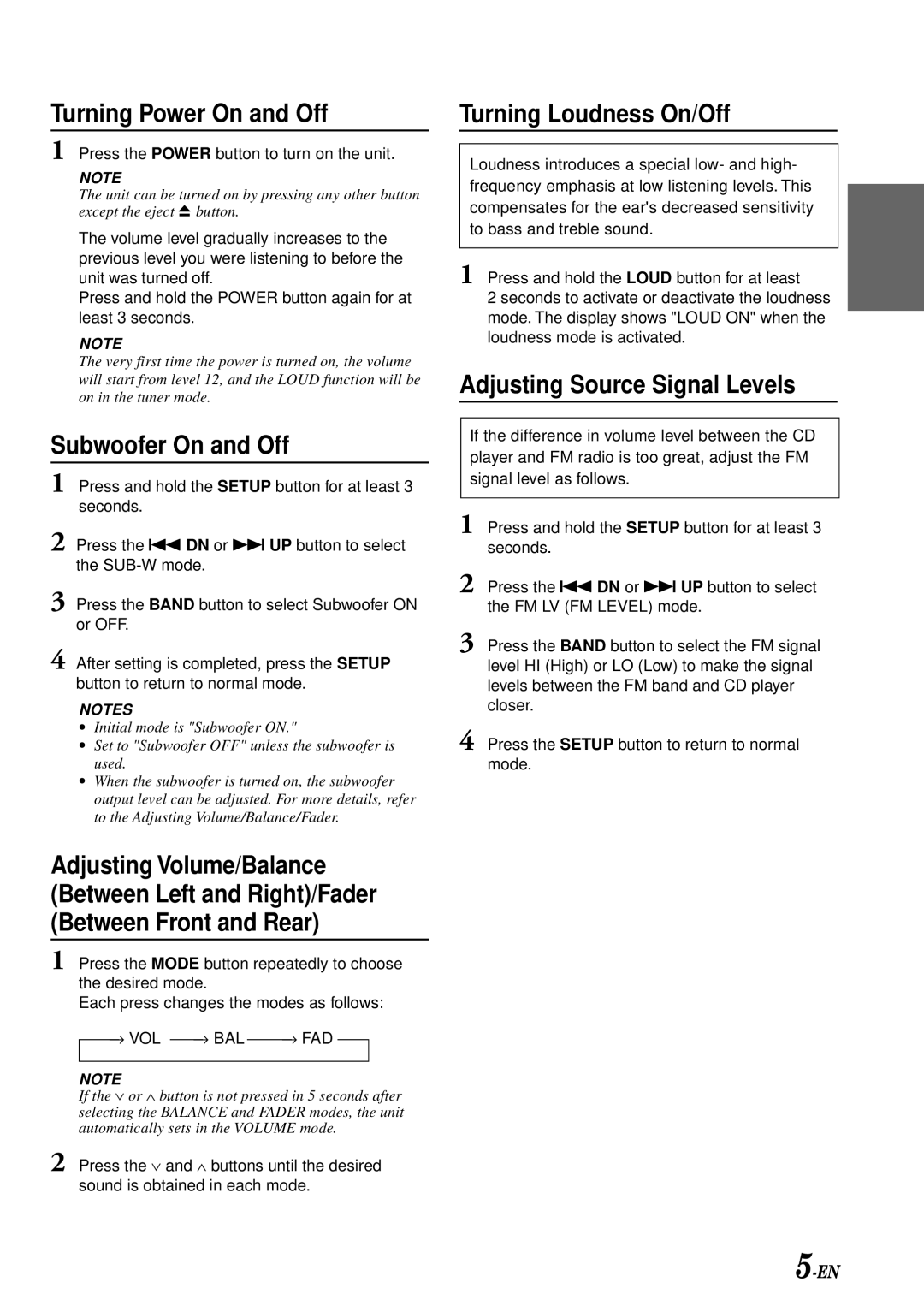 Alpine CDM-7858R Turning Power On and Off, Subwoofer On and Off, Turning Loudness On/Off, Adjusting Source Signal Levels 