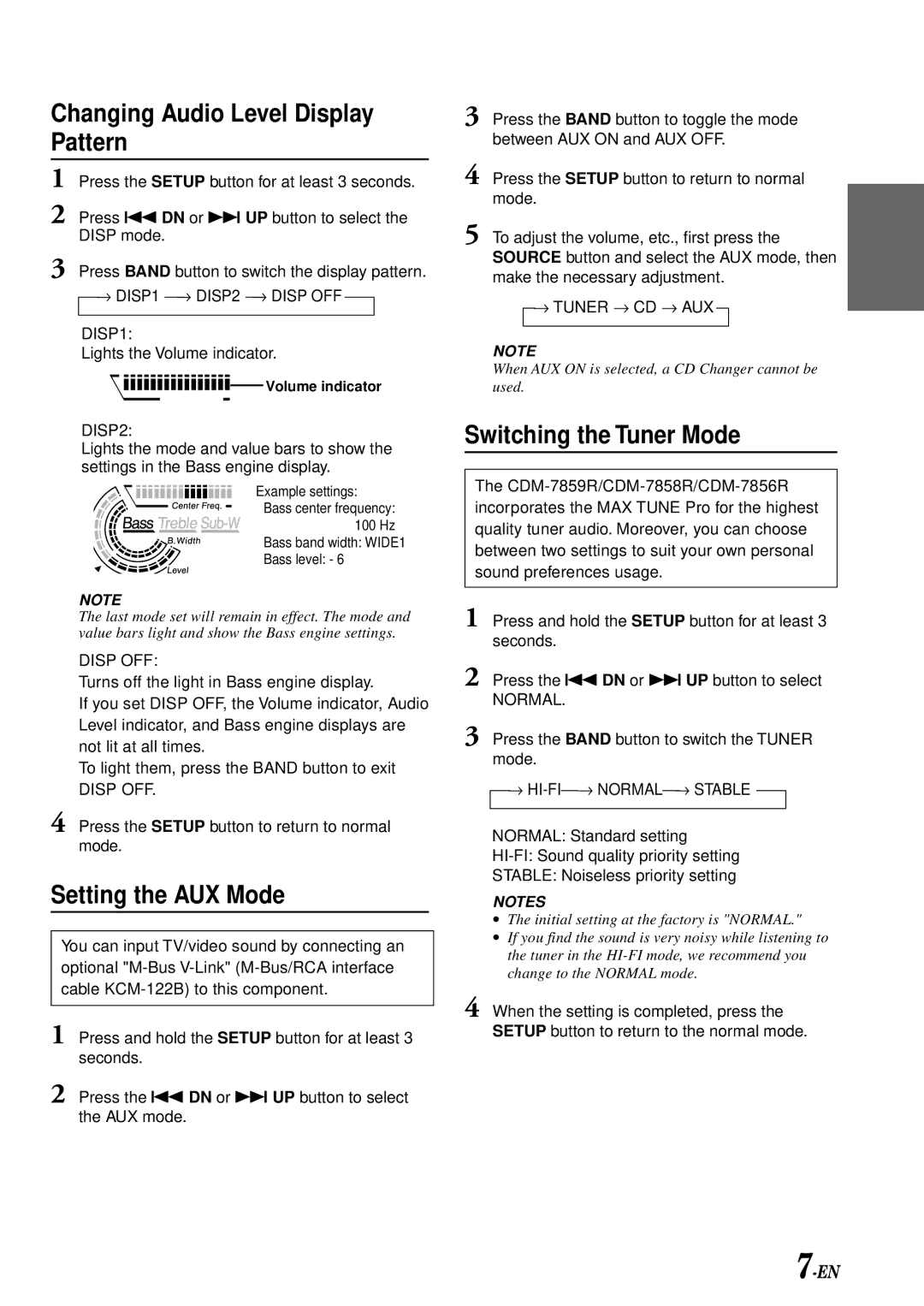 Alpine CDM-7859R, CDM-7858R, CDM-7856R Changing Audio Level Display Pattern, Setting the AUX Mode, Switching the Tuner Mode 