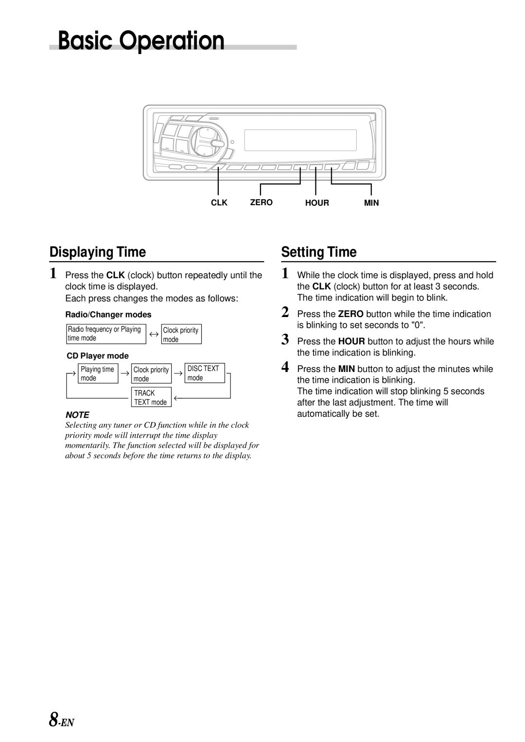 Alpine CDM-7871 owner manual Displaying Time, Setting Time 