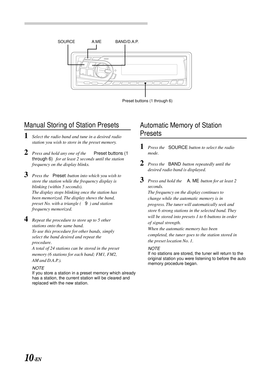 Alpine CDM-7871 owner manual Automatic Memory of Station Presets, Manual Storing of Station Presets 