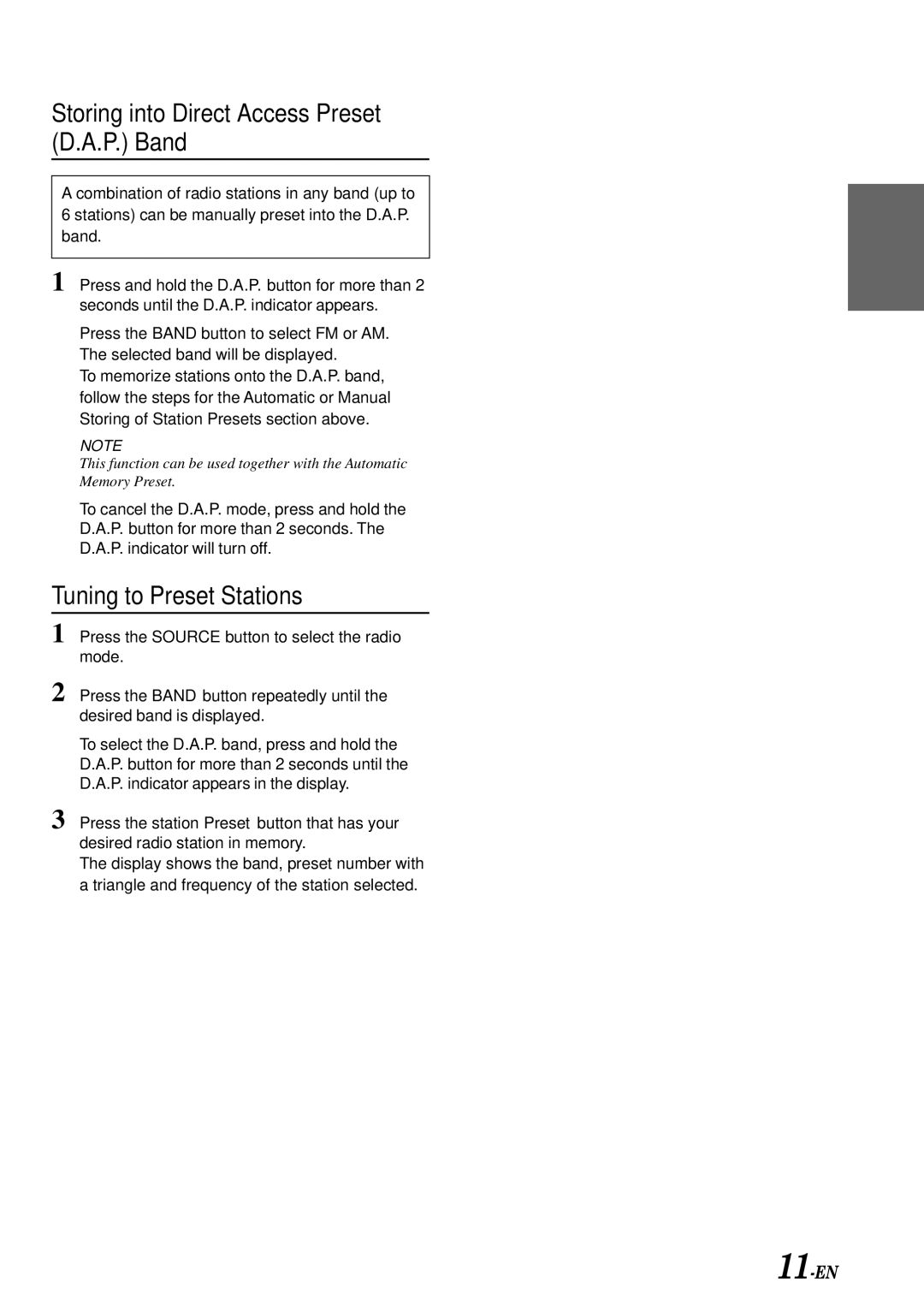 Alpine CDM-7871 owner manual Storing into Direct Access Preset D.A.P. Band, Tuning to Preset Stations 