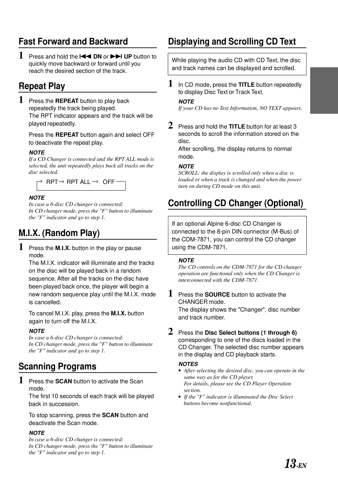 Alpine CDM-7871 Fast Forward and Backward, Repeat Play, X. Random Play, Scanning Programs, Controlling CD Changer Optional 