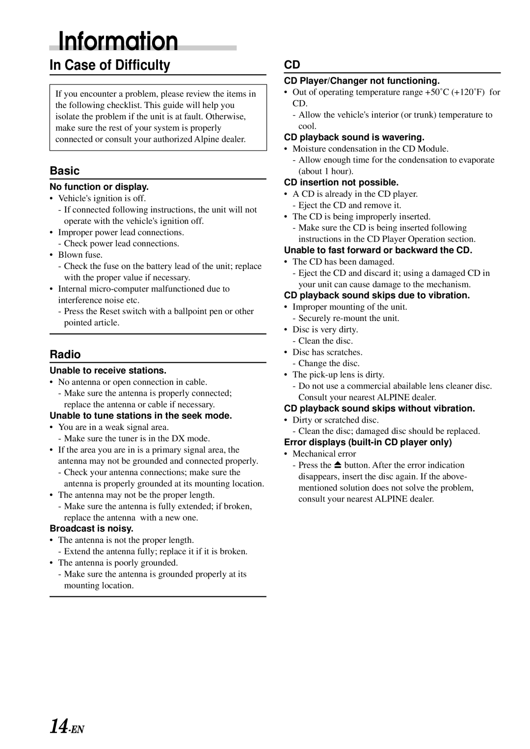 Alpine CDM-7871 owner manual Information, Case of Difficulty 