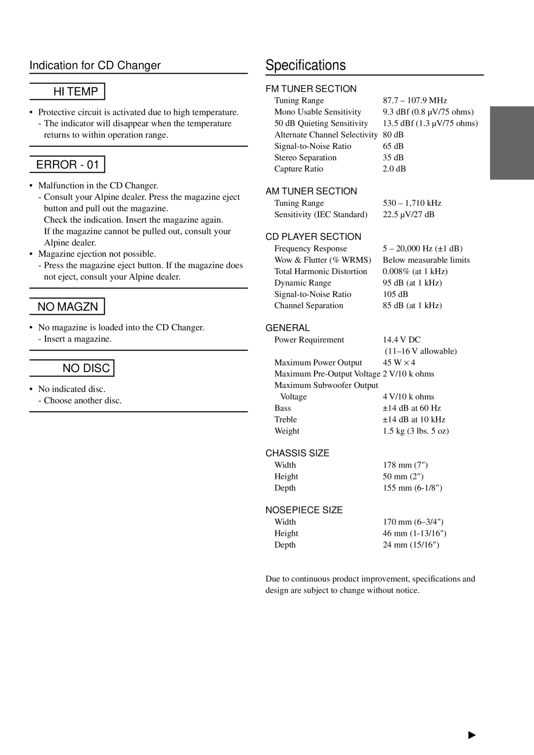 Alpine CDM-7871 owner manual Specifications, HI Temp 