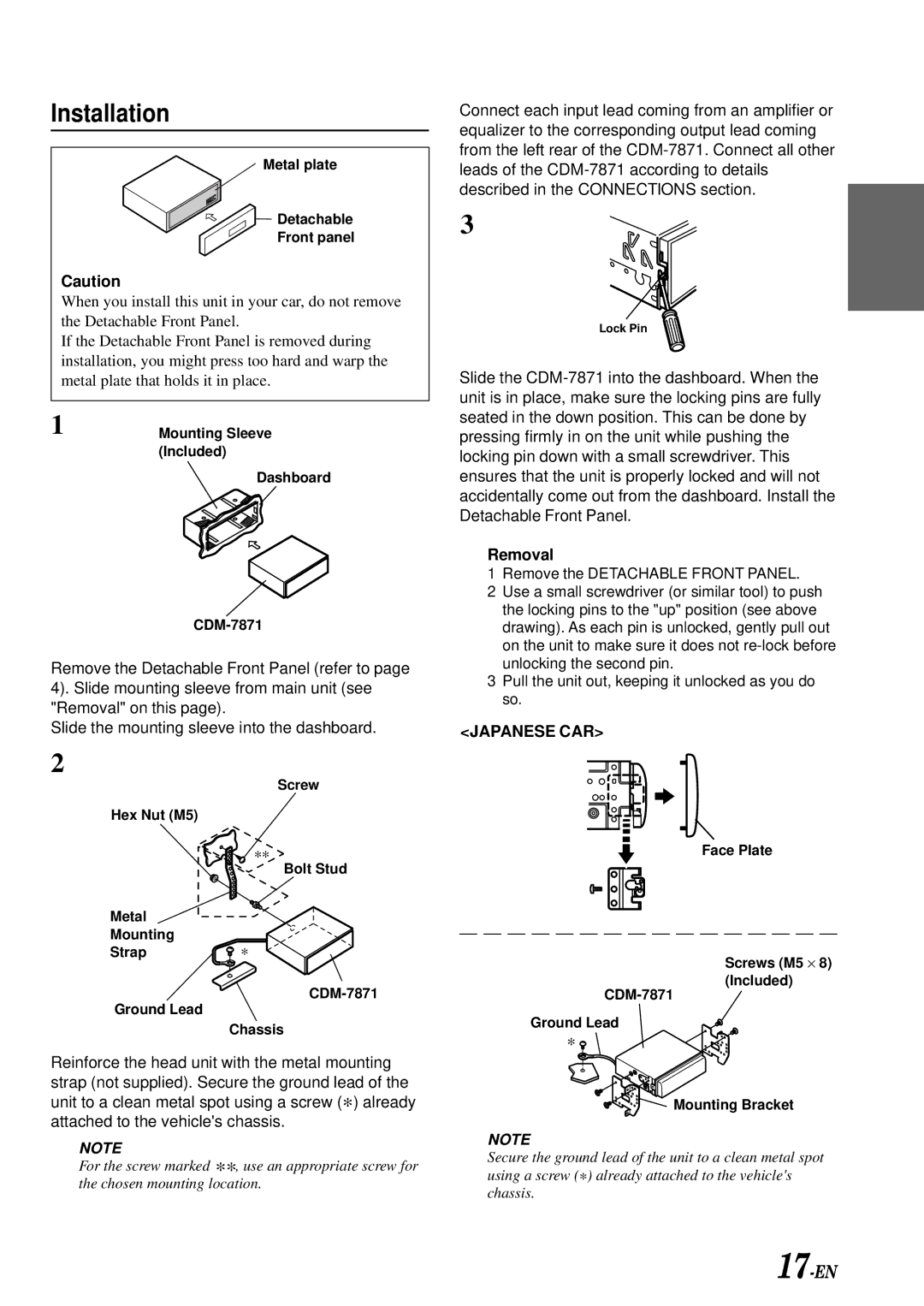 Alpine CDM-7871 owner manual Installation, Removal 