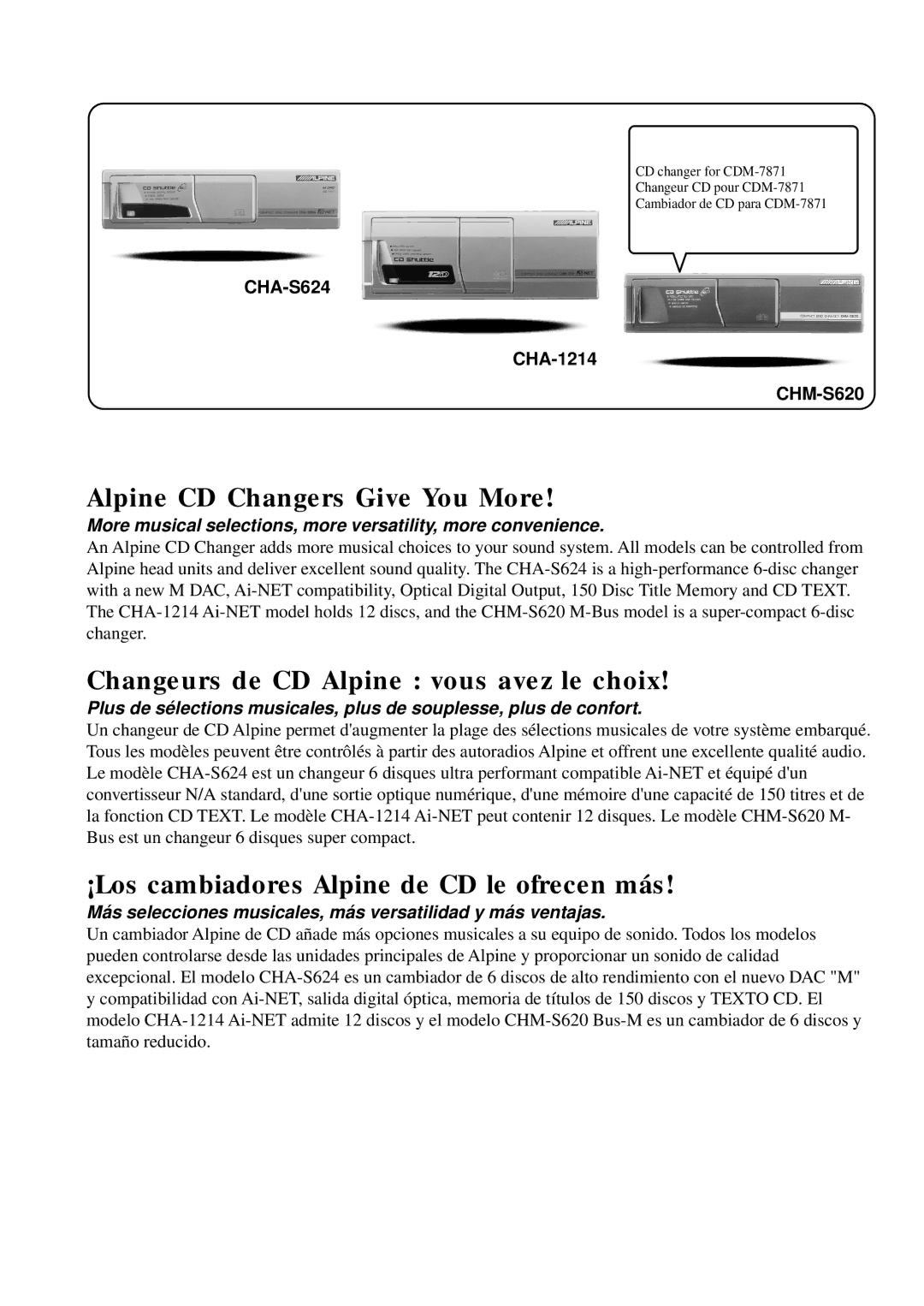 Alpine CDM-7871 owner manual Alpine CD Changers Give You More 