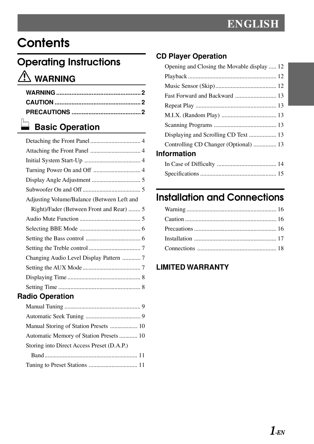 Alpine CDM-7871 owner manual Contents 