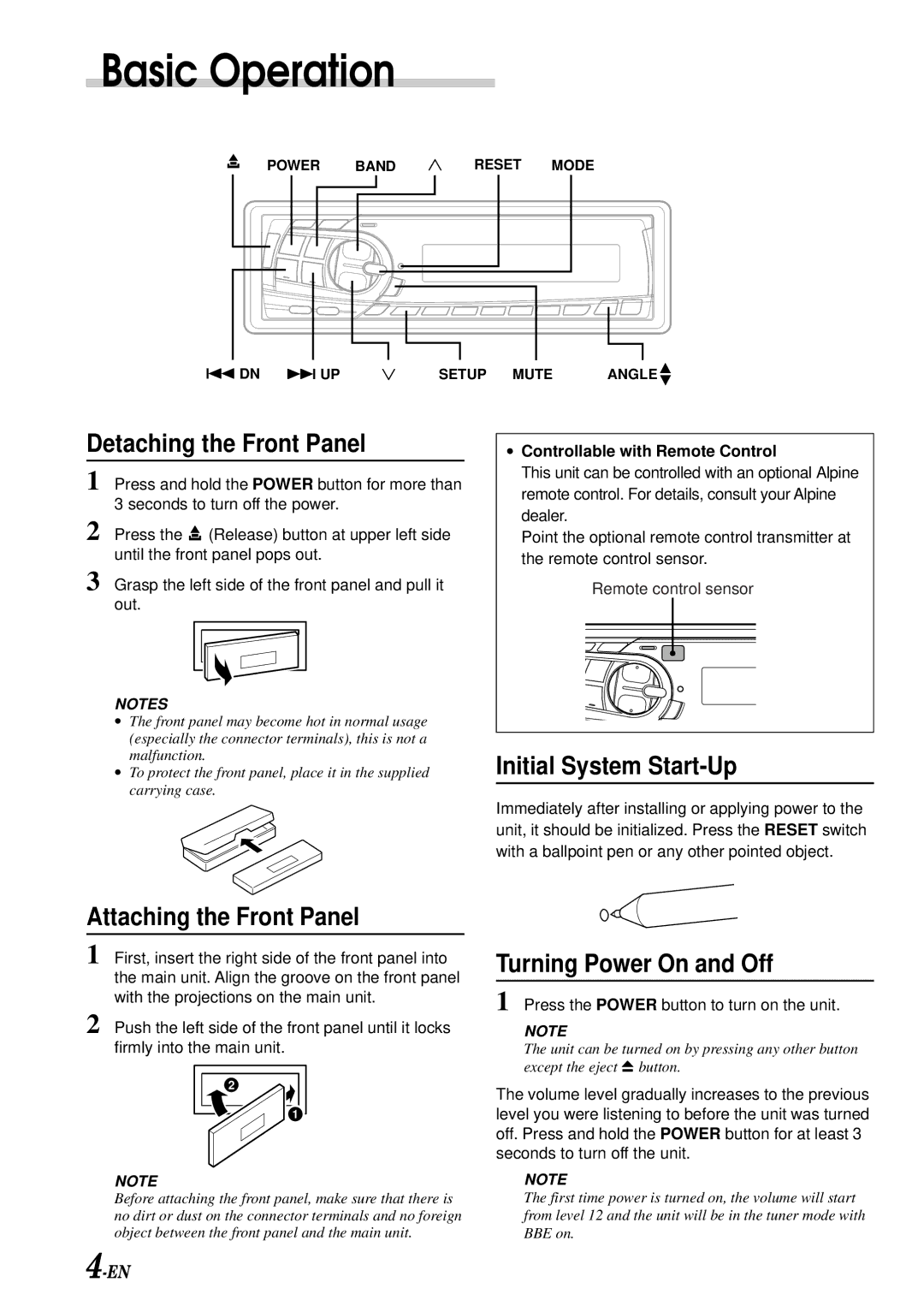 Alpine CDM-7871 owner manual Basic Operation, Detaching the Front Panel, Initial System Start-Up, Attaching the Front Panel 