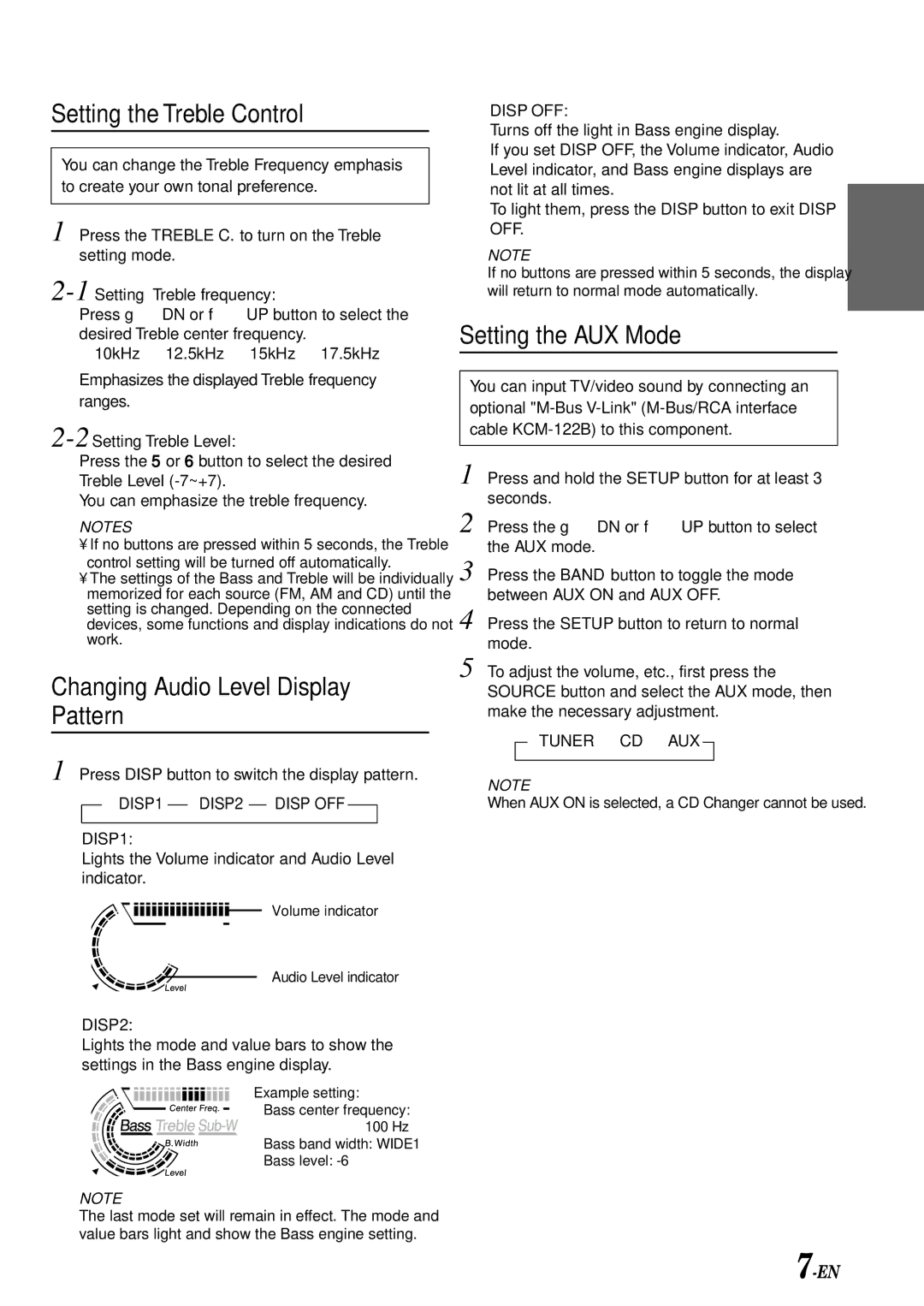 Alpine CDM-7871 owner manual Setting the Treble Control, Changing Audio Level Display Pattern, Setting the AUX Mode 