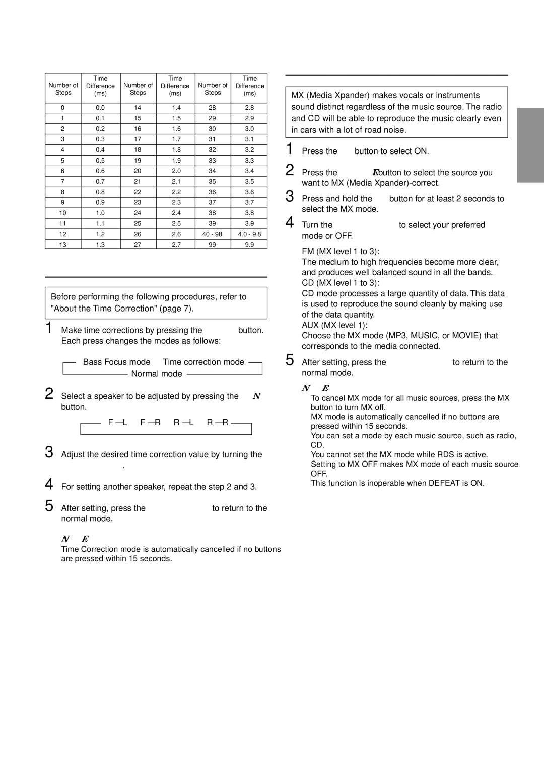 Alpine CDM-7892R owner manual Time Correction, Setting the MX Mode, Time Difference Table 