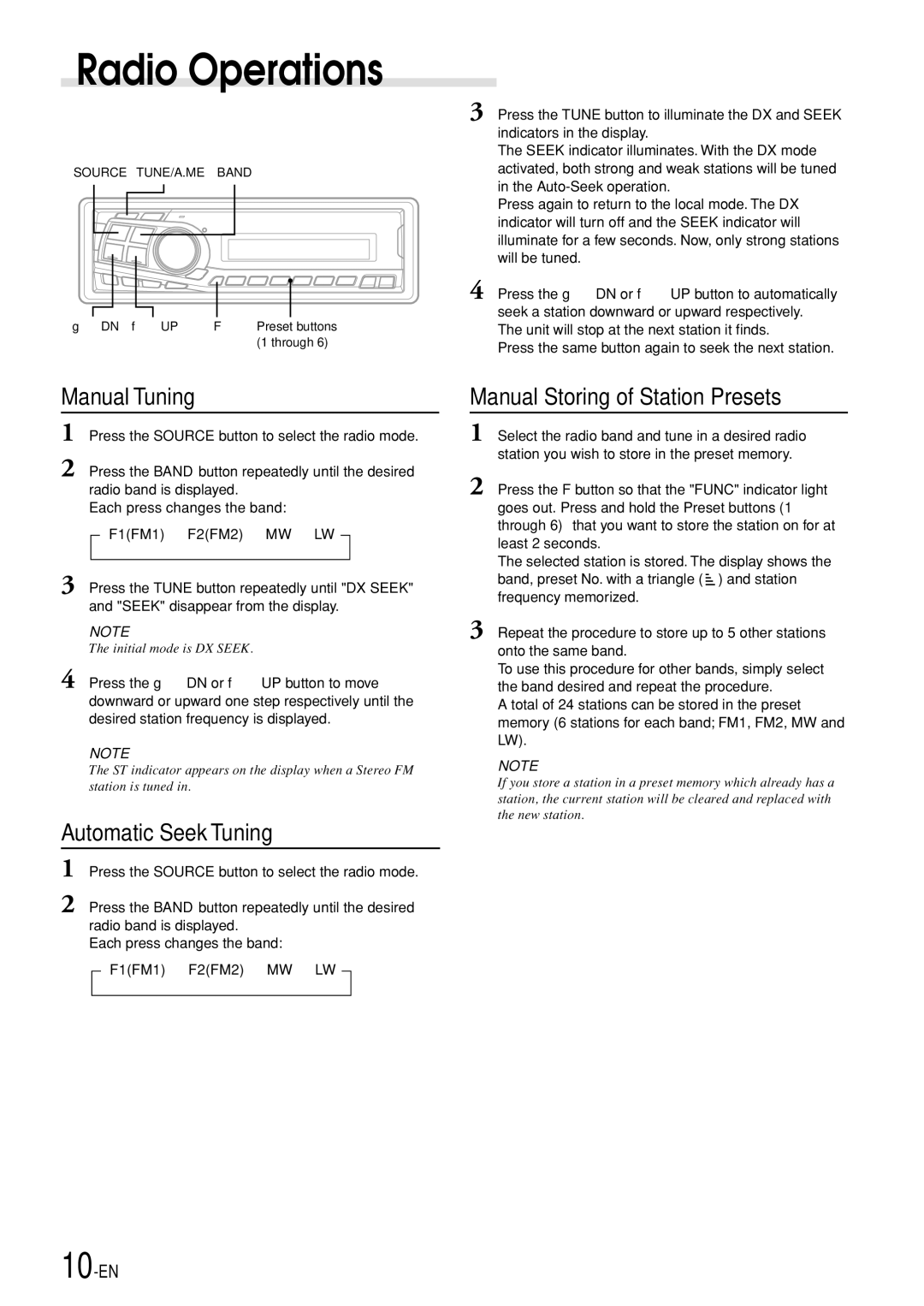 Alpine CDM-7892R owner manual Radio Operations, Manual Tuning, Automatic Seek Tuning, Manual Storing of Station Presets 