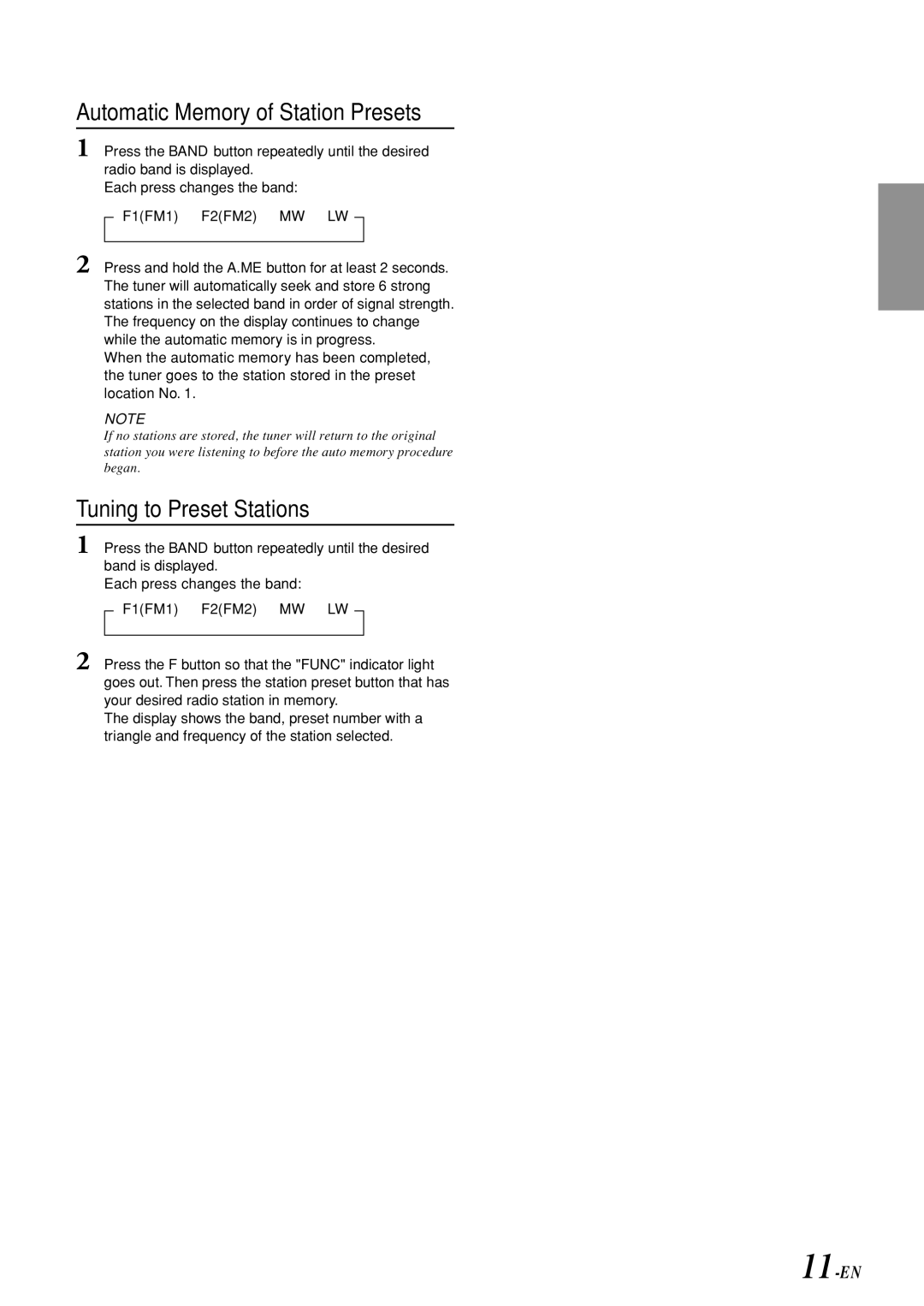 Alpine CDM-7892R owner manual Automatic Memory of Station Presets, Tuning to Preset Stations 