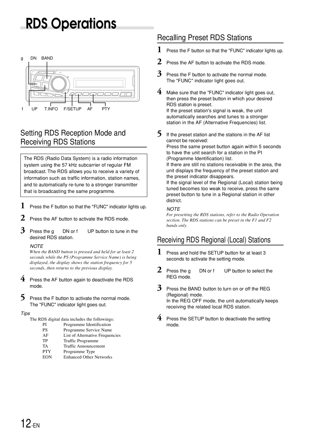 Alpine CDM-7892R RDS Operations, Setting RDS Reception Mode and Receiving RDS Stations, Recalling Preset RDS Stations 