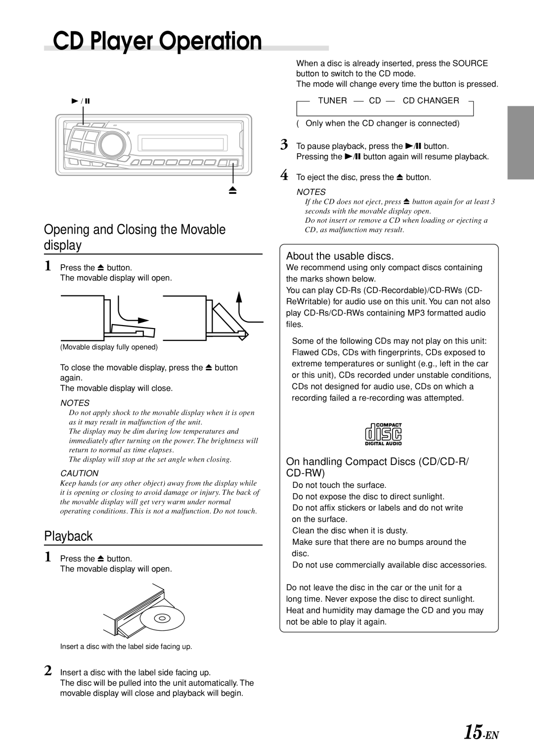 Alpine CDM-7892R owner manual CD Player Operation, Opening and Closing the Movable display, Playback 