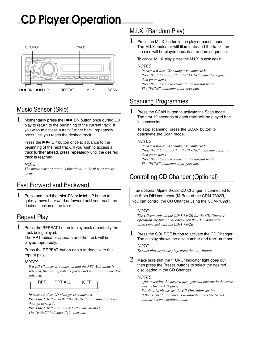 Alpine CDM-7892R X. Random Play, Music Sensor Skip, Fast Forward and Backward, Repeat Play, Scanning Programmes 