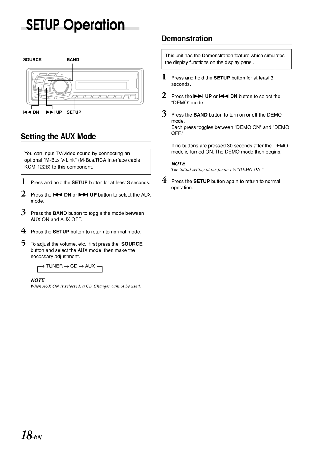 Alpine CDM-7892R owner manual Setting the AUX Mode, Demonstration 