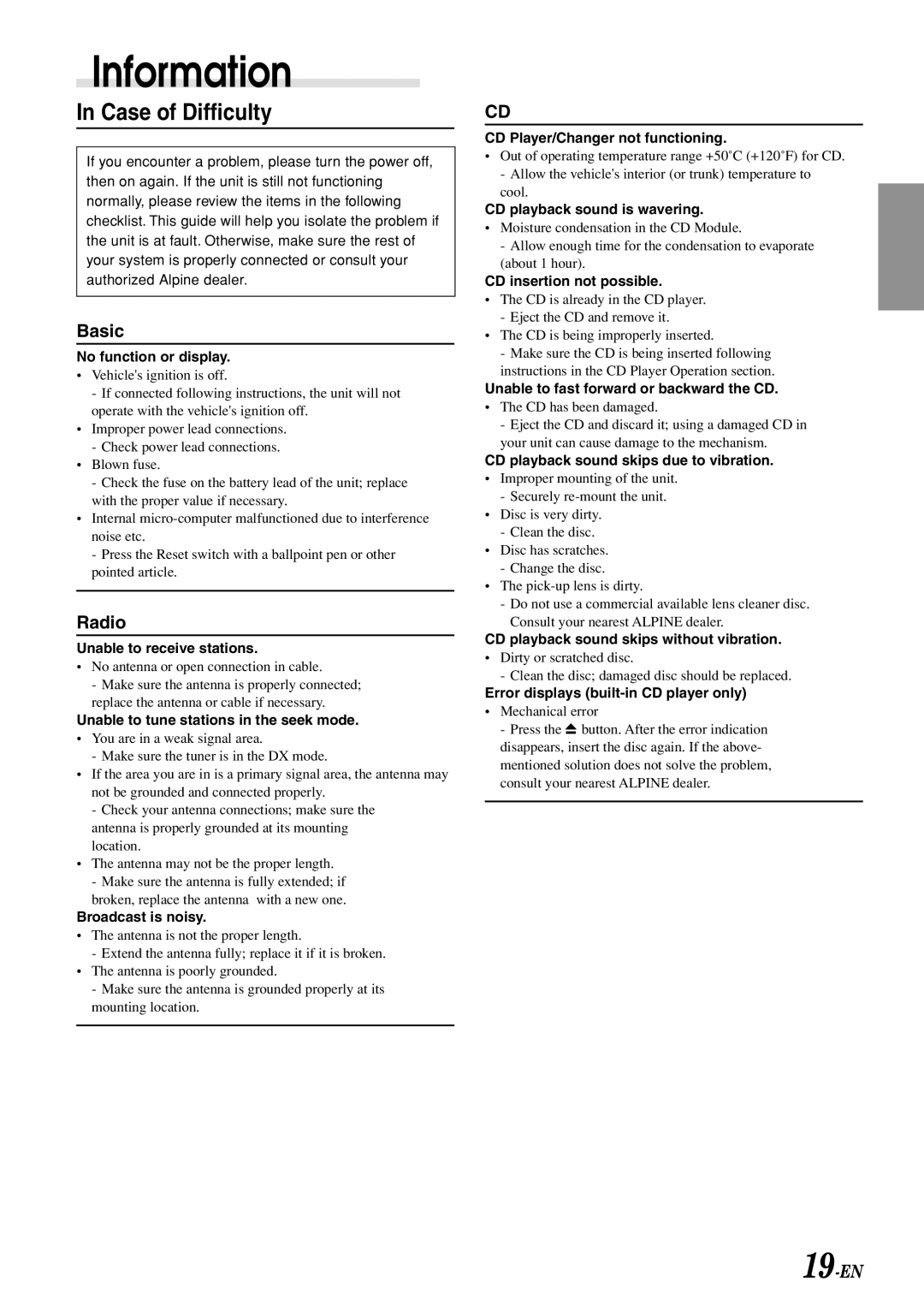 Alpine CDM-7892R owner manual Information, Case of Difficulty 