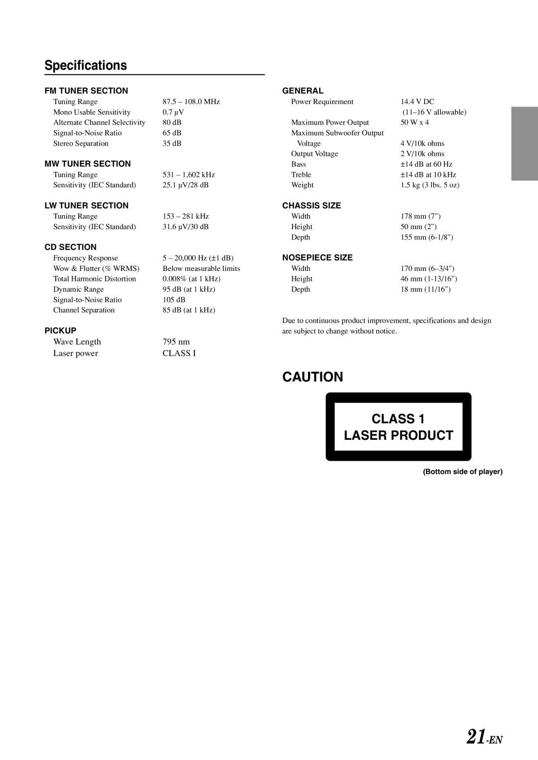 Alpine CDM-7892R owner manual Specifications, FM Tuner Section General 