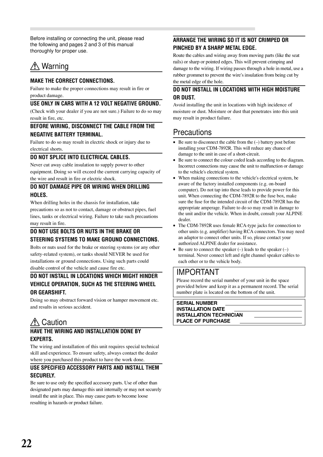 Alpine CDM-7892R owner manual Installation and Connections, Precautions 