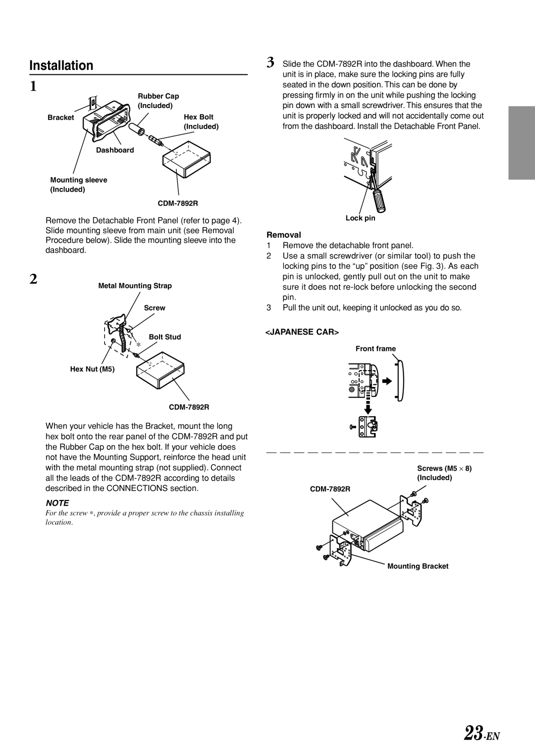 Alpine CDM-7892R owner manual Installation, Removal 