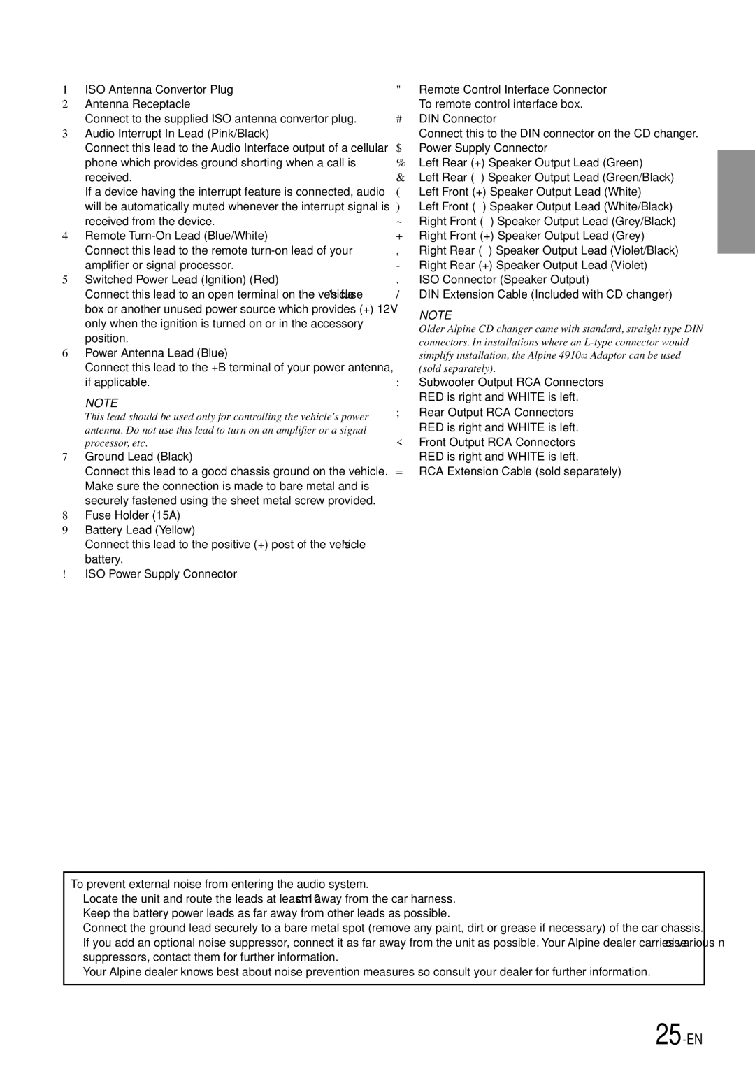 Alpine CDM-7892R owner manual Audio Interrupt In Lead Pink/Black, To prevent external noise from entering the audio system 