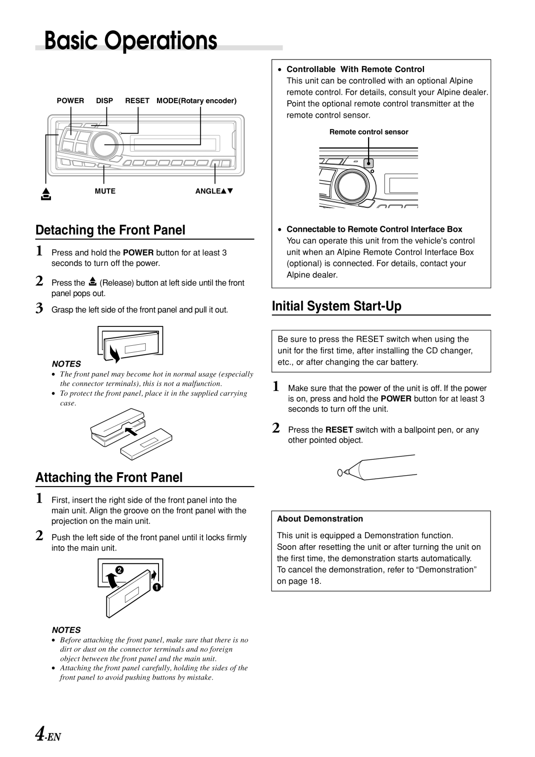 Alpine CDM-7892R Basic Operations, Detaching the Front Panel, Attaching the Front Panel, Initial System Start-Up 