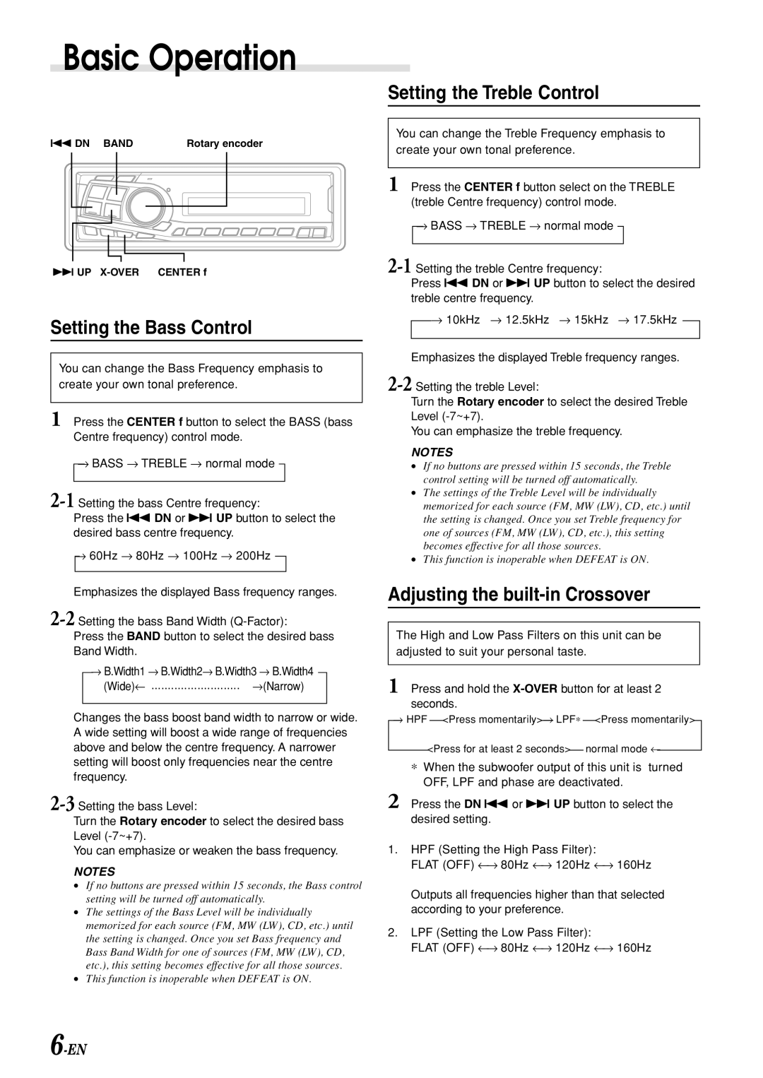 Alpine CDM-7892R Basic Operation, Setting the Bass Control, Setting the Treble Control, Adjusting the built-in Crossover 