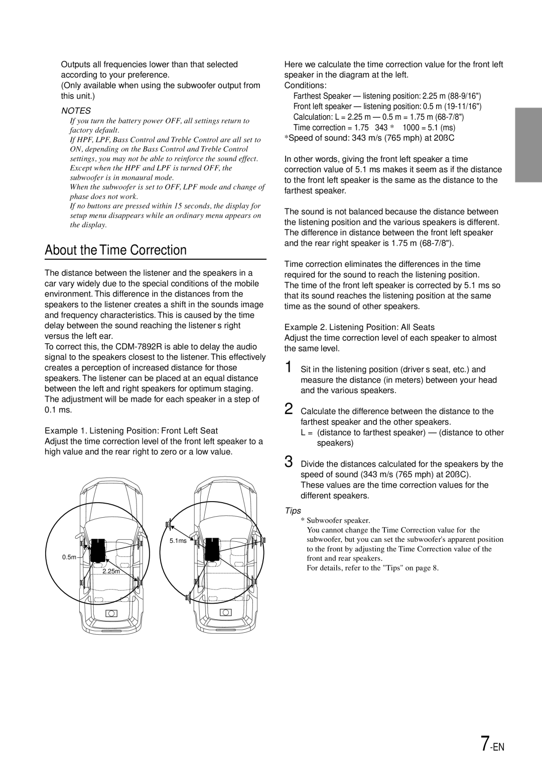 Alpine CDM-7892R owner manual About the Time Correction, Example 1. Listening Position Front Left Seat 